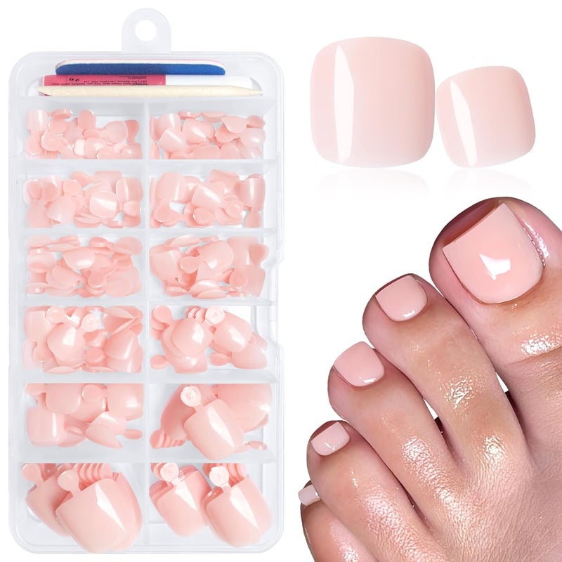 LuckForever 168pc Press on Toenails Women Fake Toe Nails with Glue Tabs, Nude Fake Toenails Press on Nail Toe Acrylic Nail Tips Short Square False Toenail Feet Artificial Toe Nails Press on - Image 1